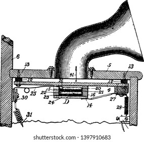 This illustration represents how to used Carbon Microphone in Telephone Transmitter vintage line drawing or engraving illustration.