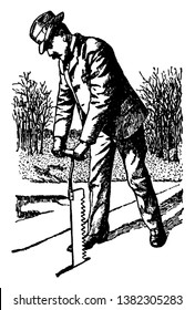 Esta ilustración representa el hielo Saw, que se utiliza para abrir un agujero en el hielo que cubre un lago, un dibujo de línea vintage o ilustración de grabado.