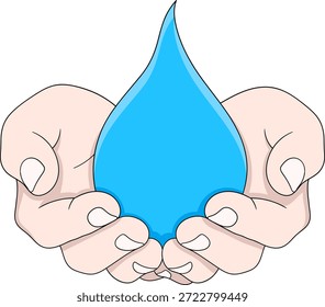 Esta ilustração representa a importância de proteger a água limpa para a sobrevivência da humanidade, simbolizada por mãos cuidadas segurando um lençol de água