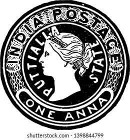 Esta ilustración representa el sobre de India de 1 Anna de 1884, dibujo de línea vintage o ilustración de grabado.