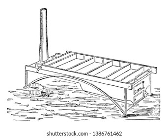 Esta ilustración representa el Pan de Jacobs, que consiste en una sartén rectangular lisa de cualquier longitud y anchura convenientes, dibujo de línea vintage o ilustración de grabado.