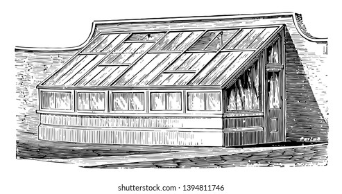 This illustration represents Lean to House which has top ventilation provided by sliding sashes vintage line drawing or engraving illustration.