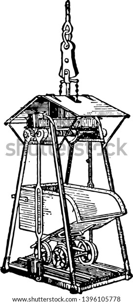 This illustration represents Light Steel\
Safety Mining Cage and Car for Gold and Silver Mines vintage line\
drawing or engraving\
illustration.