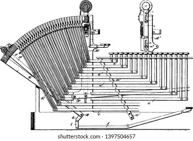 This illustration represents Linotype machine is a line casting machine used in printing vintage line drawing or engraving illustration.
