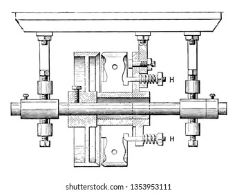 This illustration represents Loose Driving Pulley which is pressed aside by the spiral springs on the bolts, vintage line drawing or engraving illustration