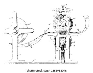 This illustration represents a Machine which is used for Ticket Printing vintage line drawing or engraving illustration.