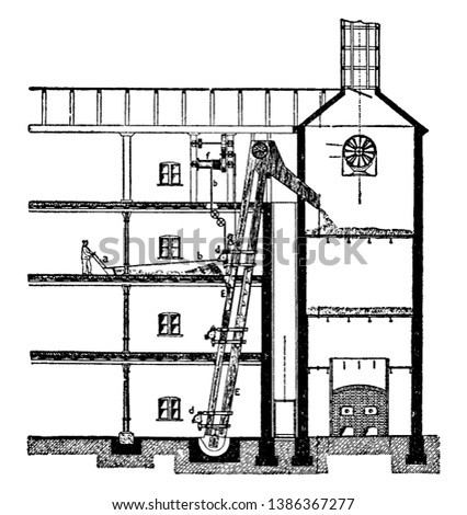 This illustration represents Malt House is a building where cereal grain is converted into malt by soaking it in water, vintage line drawing or engraving illustration.