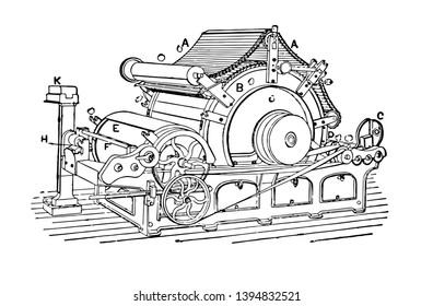 This illustration represents Manufacturing where raw materials are transformed into a final product vintage line drawing or engraving illustration.