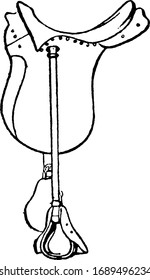 This illustration represents McClellan Saddle which is a riding saddle designed by George B McClellan, vintage line drawing or engraving illustration.