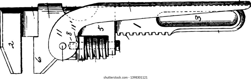 This illustration represents Mechanical Wrench which used to provide a mechanical advantage in applying torque to turn bolts vintage line drawing or engraving illustration.