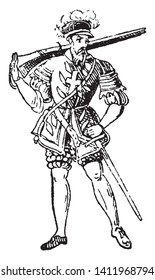 This illustration represents Military Costume from the Time of Henry VIII, vintage line drawing or engraving illustration.