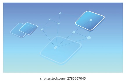 This illustration represents a modern digital network connecting multiple smart devices and platforms through interconnected nodes. The blue gradient background and geometric shapes symbolize technology, cloud systems, data sharing, and seamless communication in a digital ecosystem. The design reflects innovation, connectivity, and advanced network infrastructure often used in technology, AI, and cloud computing concepts.