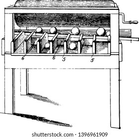 This illustration represents Orange Sizer which is used for sizing oranges, vintage line drawing or engraving illustration.