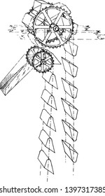 This illustration represents Perfect Discharge Bucket Elevator vintage line drawing or engraving illustration.