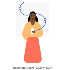 Diese Abbildung stellt personalisierte digitale Erfahrung oder Customer Journey Tracking dar. Es verfügt über eine Person, die ein Smartphone hält, mit einem gekrümmten Pfad und dahinter schwebenden Datenknoten. Dies symbolisiert den einzigartigen digitalen Weg eines Individuums, seine Interaktion mit der Mobiltechnologie und die personalisierte Dienstreise, die eine Plattform bietet.