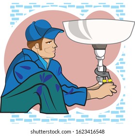 This illustration represents a plumber while working in a bathroom or kitchen.