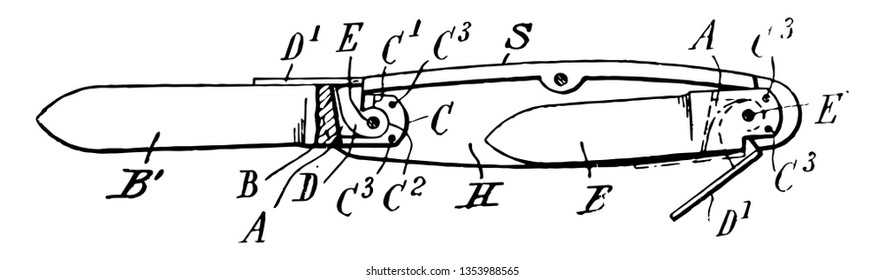 This illustration represents Pocket Knife which can fold into the handle when not in use vintage line drawing or engraving illustration.