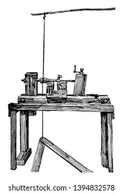 This illustration represents Pole Lathe which is a wood turning lathe vintage line drawing or engraving illustration.