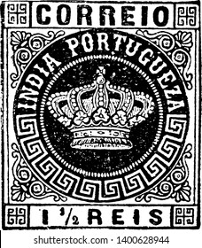 This illustration represents Portuguese Indies 1 Reis Stamp from 1882, vintage line drawing or engraving illustration.