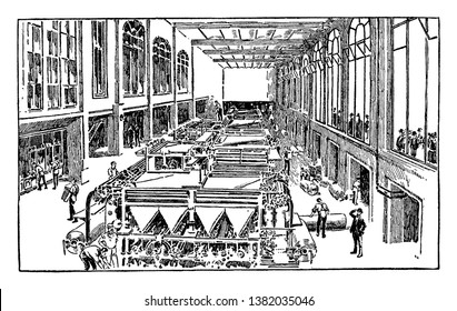 This Illustration Represents Press Room Of A Modern Newspaper, Vintage Line Drawing Or Engraving Illustration.