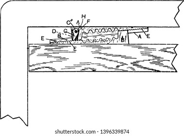This illustration represents Printers Quoin which is a device for locking up or fastening type in chases or galleys vintage line drawing or engraving illustration.