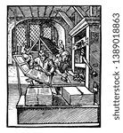 This illustration represents Printing Office where laying paper under a wooden press, vintage line drawing or engraving illustration.
