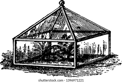 Esta ilustración representa Caja de propagación o Hood que se utiliza para almacenar cortes de plantas, dibujo de línea vintage o ilustración de grabado.