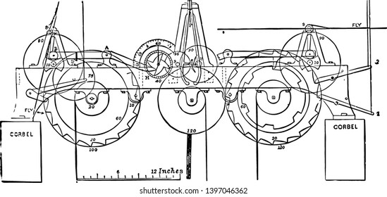 This illustration represents Quarter Clock where the wheels on the great horizontal bed vintage line drawing or engraving illustration.