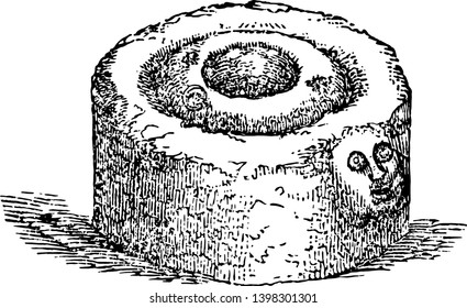 Esta ilustración representa a Quern, que es una herramienta de piedra para moler a mano una amplia variedad de materiales de dibujo de líneas vintage o ilustración de grabado.