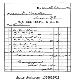 This illustration represents Receipted Bill for Dry Goods, vintage line drawing or engraving illustration.