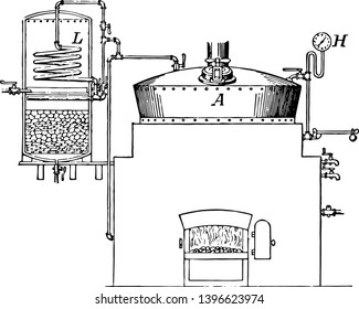 Esta ilustración representa el tanque de representación, que es un tanque o caldera para representar el dibujo de líneas vintage o la ilustración de grabado.