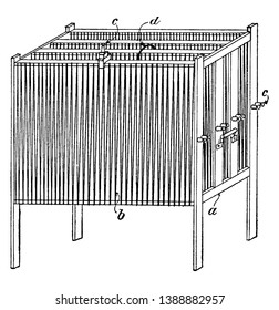 Diese Illustration stellt Rheostat dar, ein Holzrahmen, eine Vintage-Linienzeichnung oder eine Gravur.