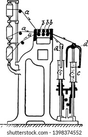 This illustration represents Roving Machine with rack and pinion adjustment for raising and lowering bobbins to secure even winding, vintage line drawing or engraving illustration.