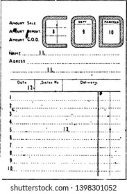 This illustration represents Sales Slip which is a specified article or sum of money has been received as an exchange for goods or services vintage line drawing or engraving illustration.
