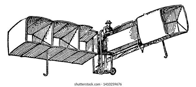 This illustration represents Santos Dumont Flying Machine, vintage line drawing or engraving illustration.