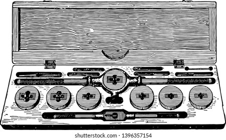 This illustration represents Screw Plate which is used for cutting threads on bolts vintage line drawing or engraving illustration.