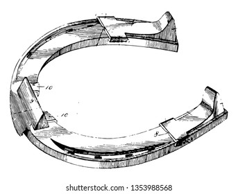 This illustration represents Shoe With Removable Calks which is screwed into the bottom horse shoe vintage line drawing engraving illustration 