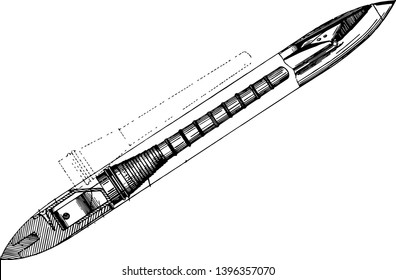 Diese Illustration stellt Shuttle for Looms dar, ein Werkzeug, das dazu entwickelt wurde, einen Halter, der den Faden des Schussgarns, der Vintage-Linienzeichnung oder der Graviergrafik trägt, sauber und kompakt zu speichern.