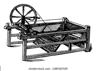 This illustration represents The Spinning Jenny which is a multi spindle spinning frame, vintage line drawing or engraving illustration.