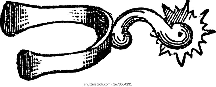 This illustration represents Spur which is used for urging a horse forward, vintage line drawing or engraving illustration.