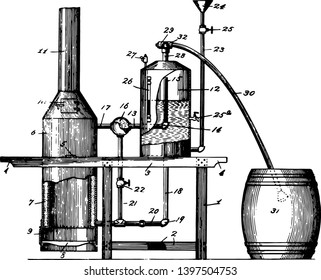 This illustration represents Steam Feed Cooker and Evaporator which maintains a relatively low temperature compared to other cooking methods, vintage line drawing or engraving illustration.