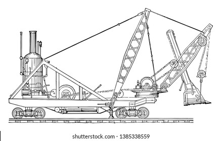 This Illustration Represents Steam Shovel Which Is An Excavator That Is Powered By Steam, Vintage Line Drawing Or Engraving Illustration.