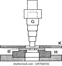 This illustration represents Stepped Hole Punch Tool which is used to make holes in metal plates, vintage line drawing or engraving illustration.