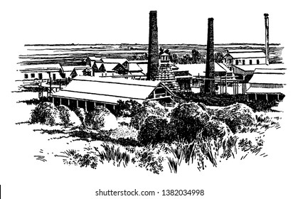 Esta ilustração representa Sugar Mill Near Ponce, vintage linha desenho ou gravura ilustração.