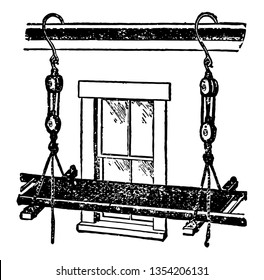 Esta ilustración representa Swing Scaffold que los trabajadores utilizan para sentarse o pararse cuando realizan tareas en la ilustración de líneas vintage o de grabado de altura.