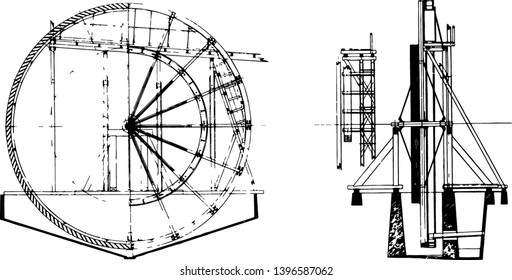 Diese Abbildung stellt das Schneiderrad dar, das einen Sand mit einem Durchmesser von 50 Metern oder ein Schneiderrad mit einer Vintage-Linie-Zeichnung oder Graviergrafik vervollständigt hat.