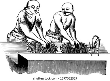 Diese Illustration stellt Teebäume dar, in denen Teebäume gedünstet werden, bis sie einen erwünschten Duft, Vintage-Linien-Zeichnung oder Graviergrafik erreichen.