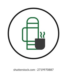 Esta ilustración representa un termo y una taza, lo que indica el disfrute de bebidas calientes durante las aventuras al aire libre y los viajes. El diseño evoca una sensación de exploración y relajación asociada