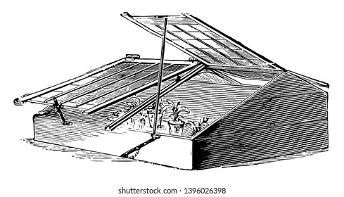 This illustration represents Three Quarter Span Roof Frame which is the advantage of giving more height inside vintage line drawing or engraving illustration.