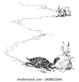 This illustration represents Tortoise Reaching Goal along a long path, vintage line drawing or engraving illustration.